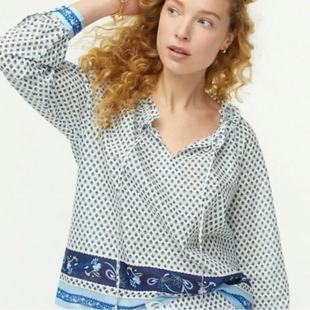 J.CREW white with blue ribbon block print tie-front ruffle top S